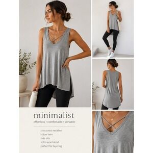 Around M Gray Criss Cross V Neck Tank‎ Top Hi Low Rayon Soft Casual Minimal